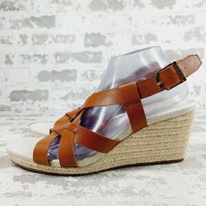 NEW Cole Haan Crystal Brown Leather Buckle Slingback Wedge Sandals W860
